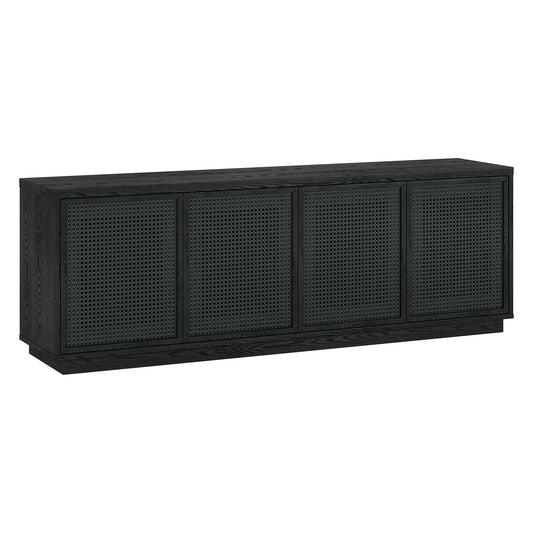Henn&Hart TV Stand for TVs up to 78" with 2 Concealed Storage Cabinets, Rattan Insert Detailing, and Adjustable Shelves for Living Room, Family Room, or Office, Natural Black