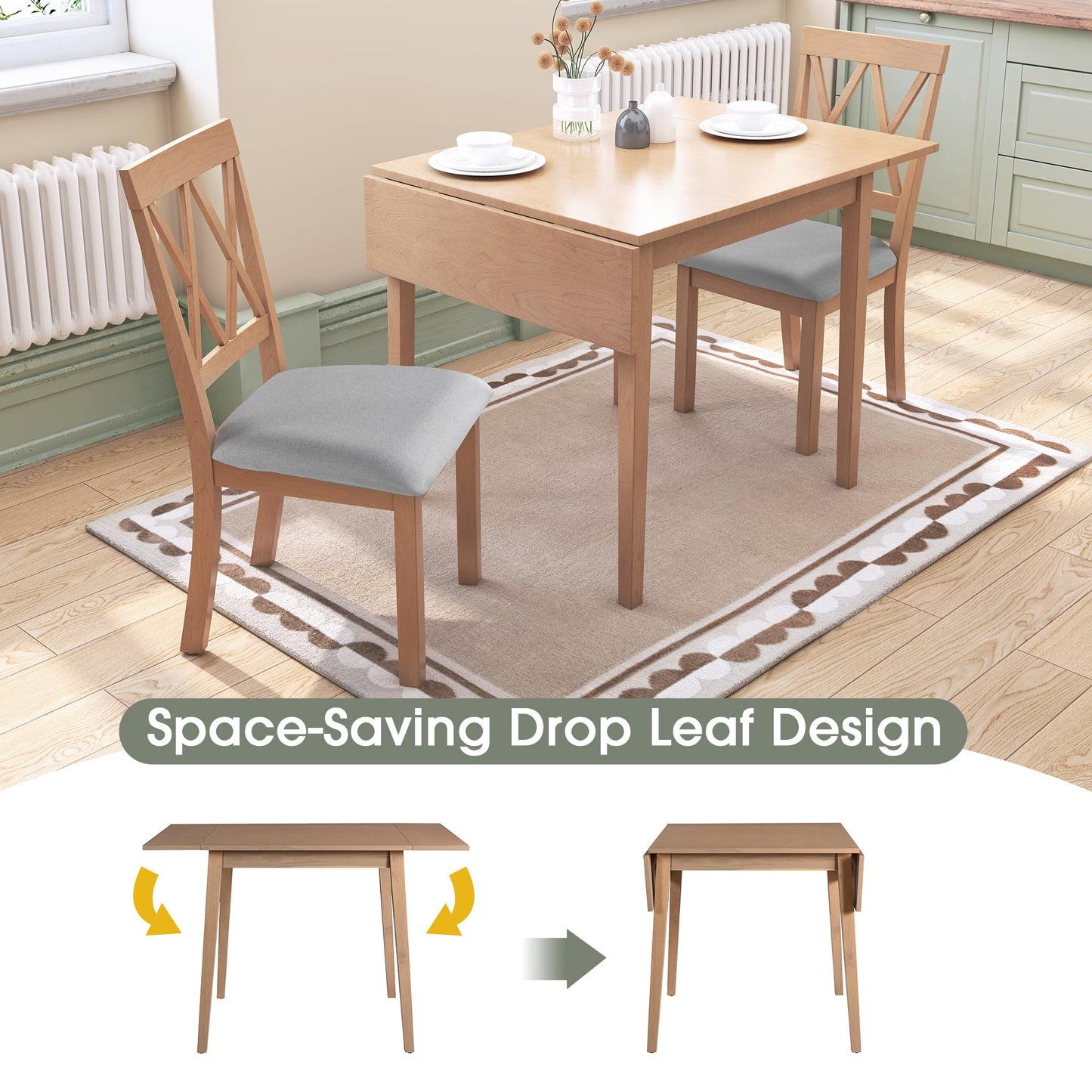 Merax Farmhouse Wooden Dining Set of 5, 29"- 45" Extendable Dining Table with Drop Leaf, 4 Upholstered Chairs for Small Space, Easy Assemble Natural