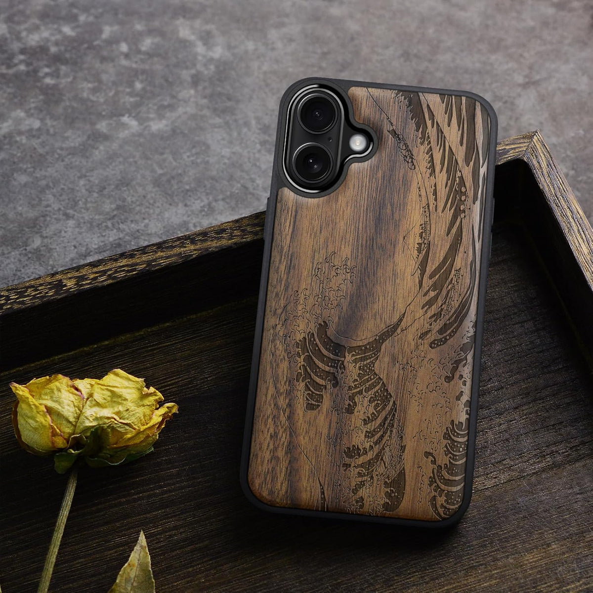 Carveit 16 Magnetic Wooden Case for iPhone Case, Wood Artisan Engraved & Black Soft TPU Shockproof Cover, Compatible