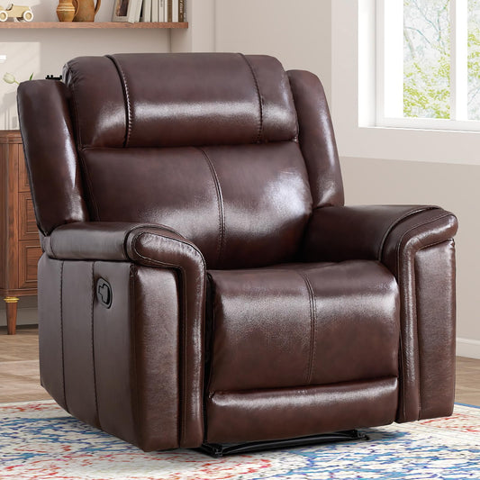 ANJ Premium Genuine Leather Manual Recliner Chair for Adults, Overstuffed Recliners with Padded Backrest, Single Heavy Duty Reclining Sofa for Living Room Bedroom, Rust Brown
