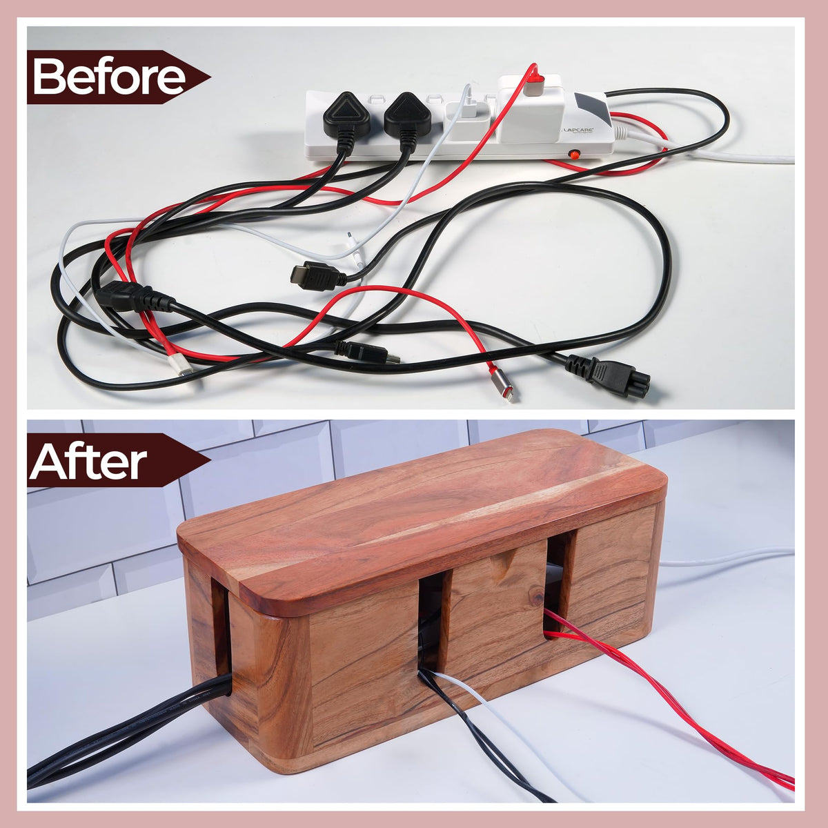 Cable Management Box & Cord Organizer- Cable Organizer for Desk, Home, Office. Hides Wires, Surge Protectors, Power Strips. Eco Friendly Mango Wood Cord Management Solution (Natural Acacia)