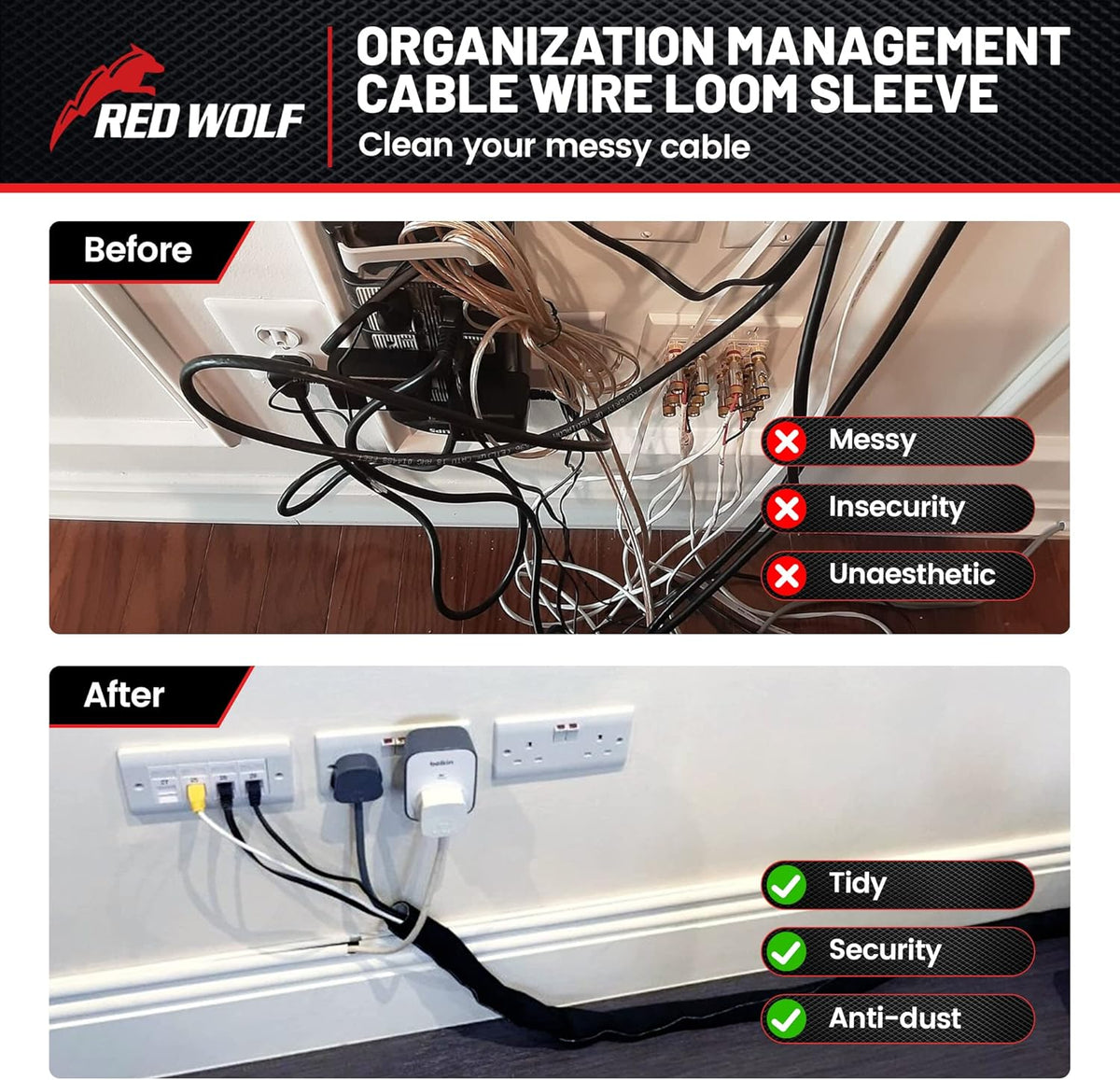 RED WOLF 10 1/2" Braided Wire Cable Sleeve Split Wiring Sleeving Feet - Flexible Self-Wrap for Automotive Computer