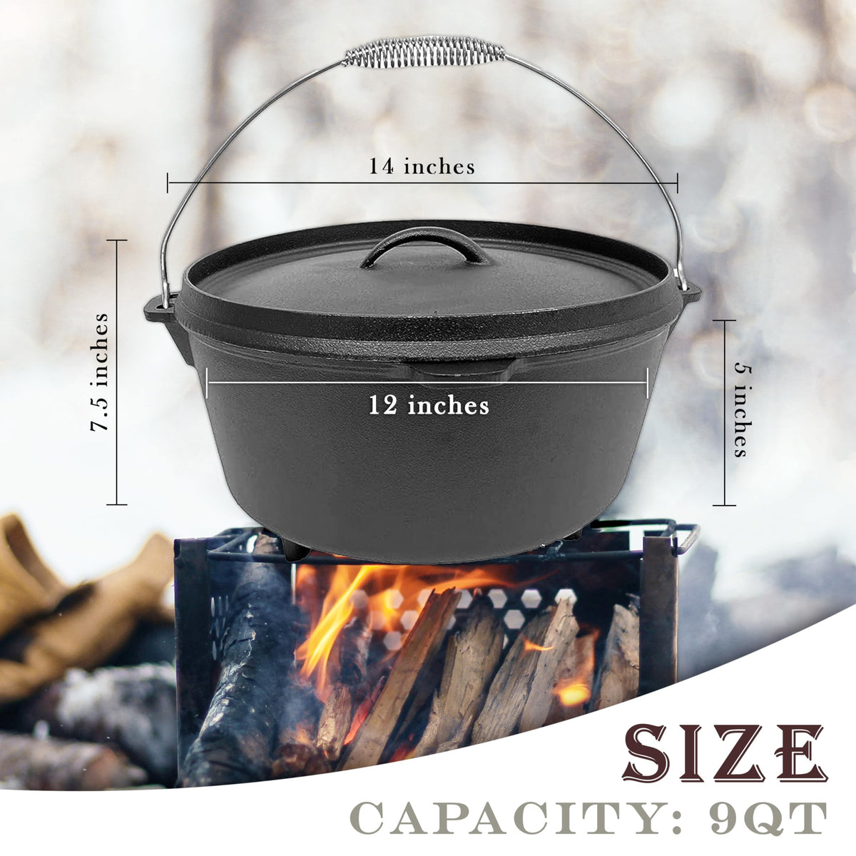 Cuisiland 9 Quart Cast Iron Dutch Oven with Lip Lid & 3 legs – Pre-Seasoned Camping Pot for Outdoor Cooking, Roasting, and Baking – Heavy-Duty Campfire Cookware with Even Heat Distribution