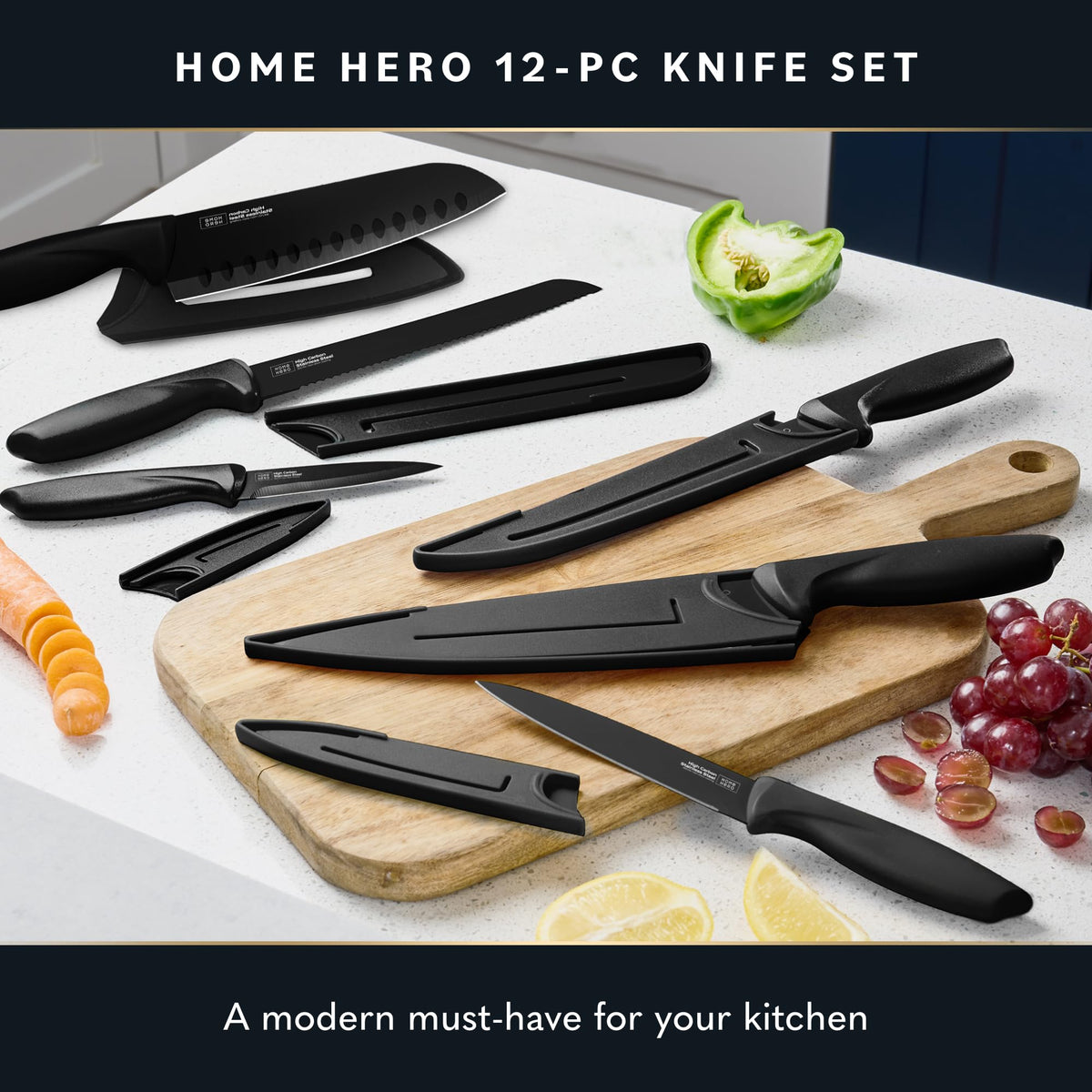 Home Hero High Carbon Stainless Steel Knife Set - Chef Knife Set Precision Slicing & Versatility - Nonstick Ceramic Coated Blades & Easy Cleaning - Ergonomic Handles & Secure Grip - 12-Piece, Black