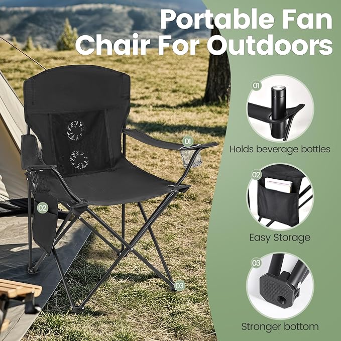 2 Pack Camping Chairs with Fan, Lightweight Camp Chair 300LBS Portable Foldable Chairs for Adults & Teens, Compact with Carry Bag for Camping, Beach, Picnics, Outdoor