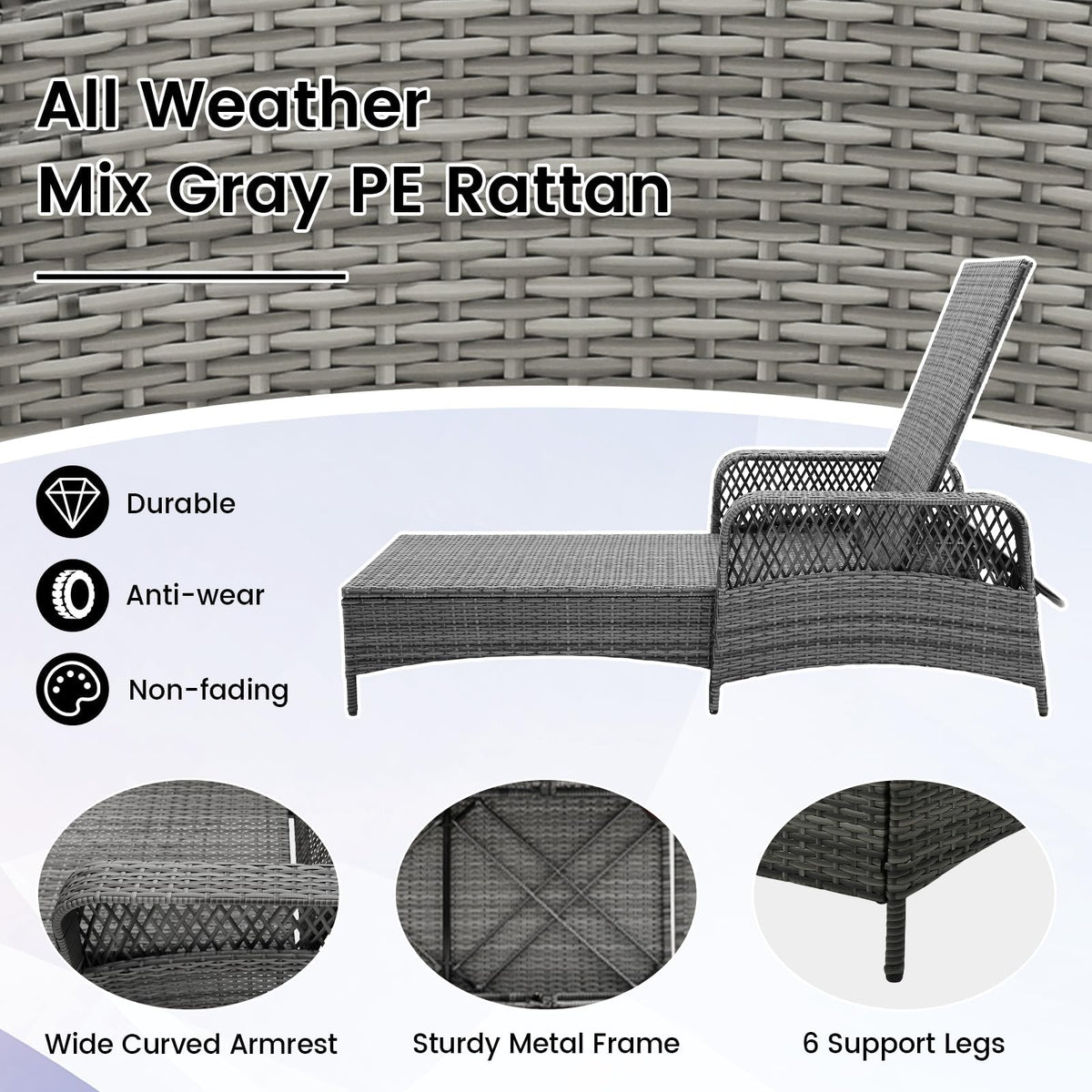 HAPPYGRILL 2PCS Patio Rattan Chaise Lounge, Outdoor PE Wicker Sun Lounger with Adjustable Backrest, Cushion & Pillow, Reclining Sunbed for Balcony Poolside Yard (Mix Gray & Gray)