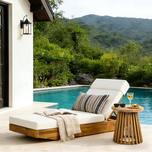 Modern Acacia Wood Outdoor Chaise Lounge with Cream Water-Repellent Cushion & Integrated Headrest, Adjustable & Foldable Design for Patio, Poolside, Garden