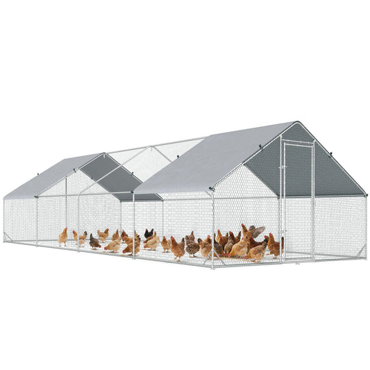 PawHut Large Chicken Coop Metal Chicken Run with Waterproof and Anti-UV Cover, Spire Shaped Walk in Fence Cage Hen House for Outdoor and Yard Farm Use, 1" Tube Diameter, 9.8' x 26.2' x 6.6'