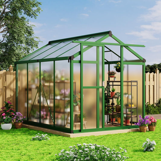 GarveeLife 6x8 FT Greenhouse - Large Aluminum Greenhouses for Outdoors, Heavy Duty Polycarbonate Greenhouse with Roof Vent&Ground Nails, Walk-in Green houses for Garden, Backyard, Patio, Easy Assembly