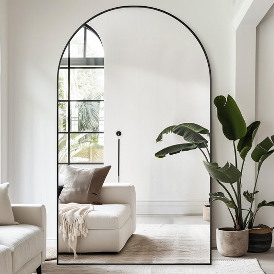Antok 86" x46” Arched Full Length Floor Mirror, Black Aluminum Frame, Free Standing/Wall Mount/Leaning for Bedroom, Living Room, Dressing Room