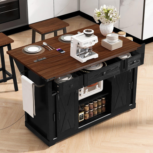 Bellemave 58" Farmhouse Kitchen Island cart with Charging Station and with Storage, Sliding Barn Door & Metal Grid Side Door, Rolling Kitchen Island Table with 5 Wheels with Spice Rack, Black