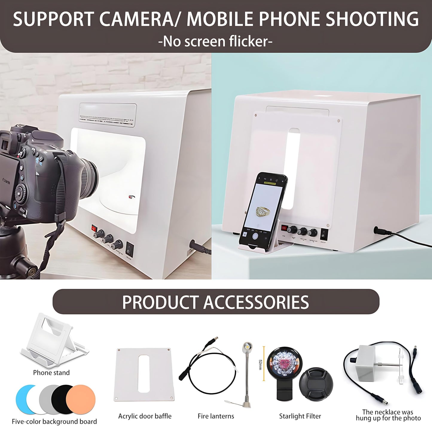 QIUNAOZI Professional Jewelry Photography Light Box Kit. Jewelry Photo Light Box, 4pcs Fill Lights, with 360° Electric Rotating Feature, Support Jewelry Hanging or Placing White-TB30