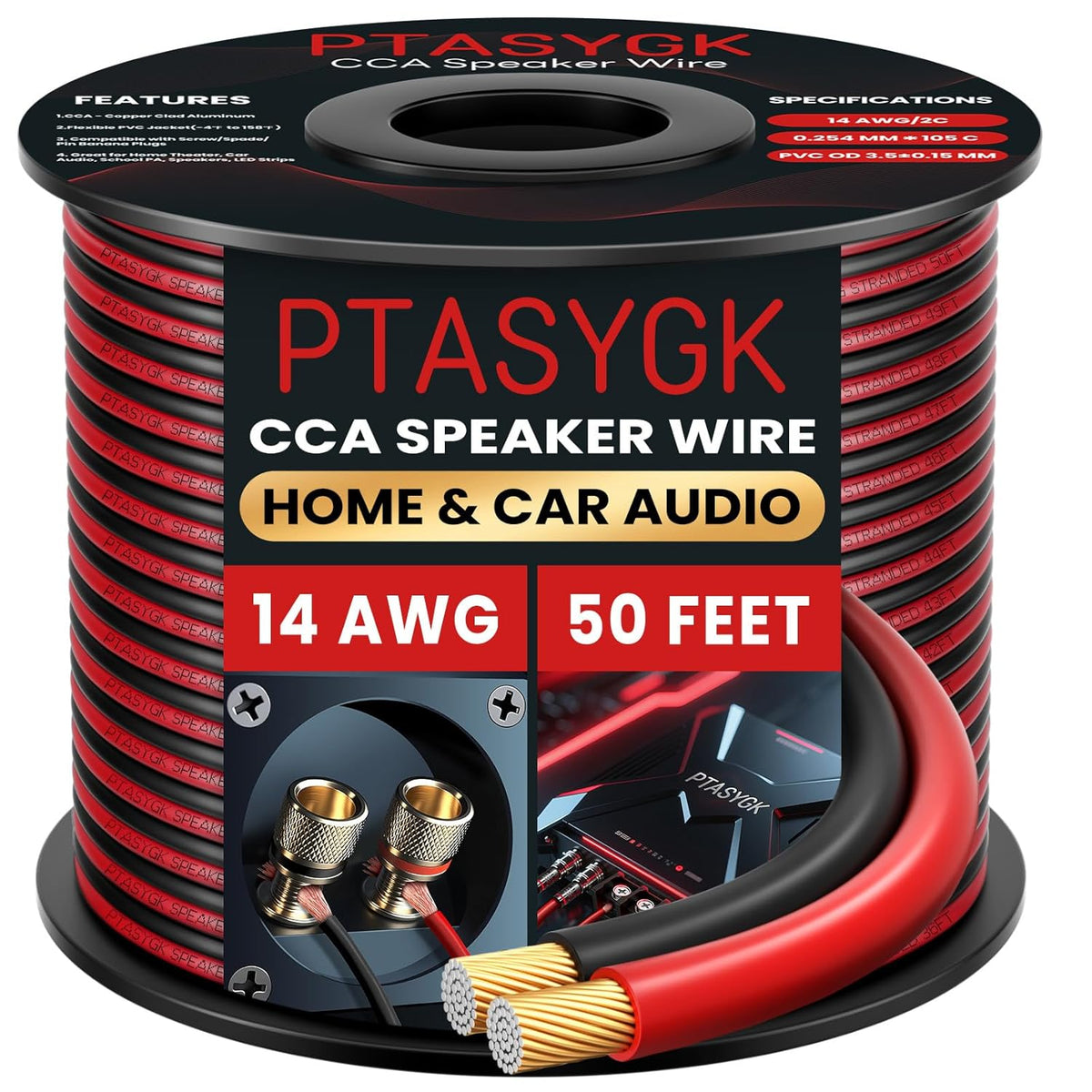 14 50 2 1FT Gauge Speaker Wire Feet - Conductor CCA Clear Audio Speaker Cable for Home Theater & Car Stereo