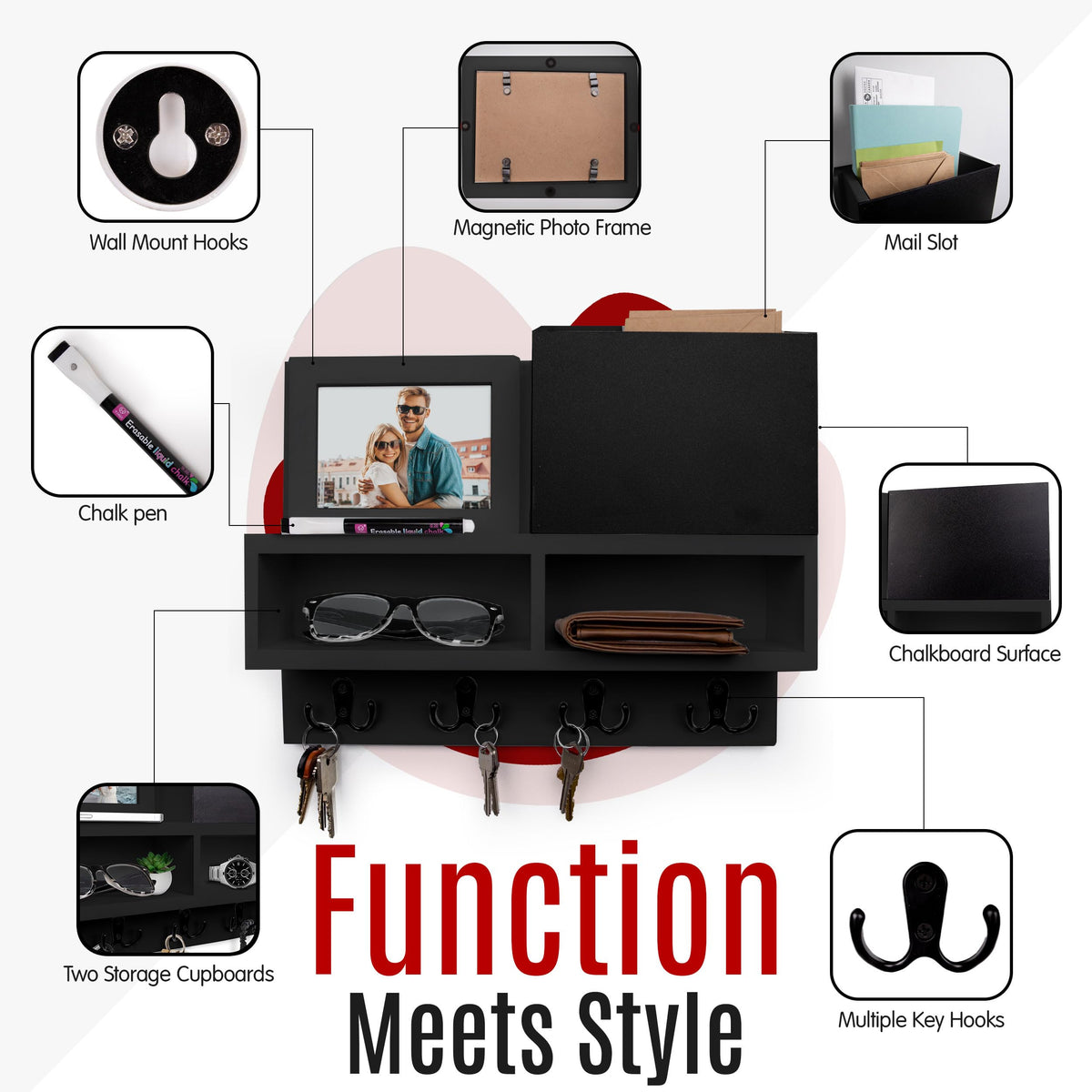 Spacelog Key and Mail Holder for Wall with Chalkboard – Magnetic Photo Frame Key Holder Wall Mount, Black, Dual Storage & Cupboards Mail and Key Organizer for Wall