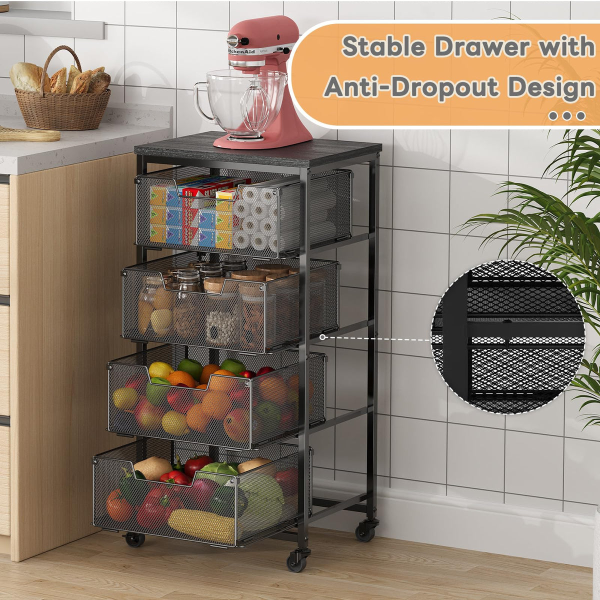 4-Tier Fruit Vegetable Storage Cart - Kitchen Organizer and Storage Cart with Wheels, Wooden Top Metal Wire Fruit Vegetable Rack Stand with Drawers to Storage Cans Snacks for Kitchen(Patent Pending)