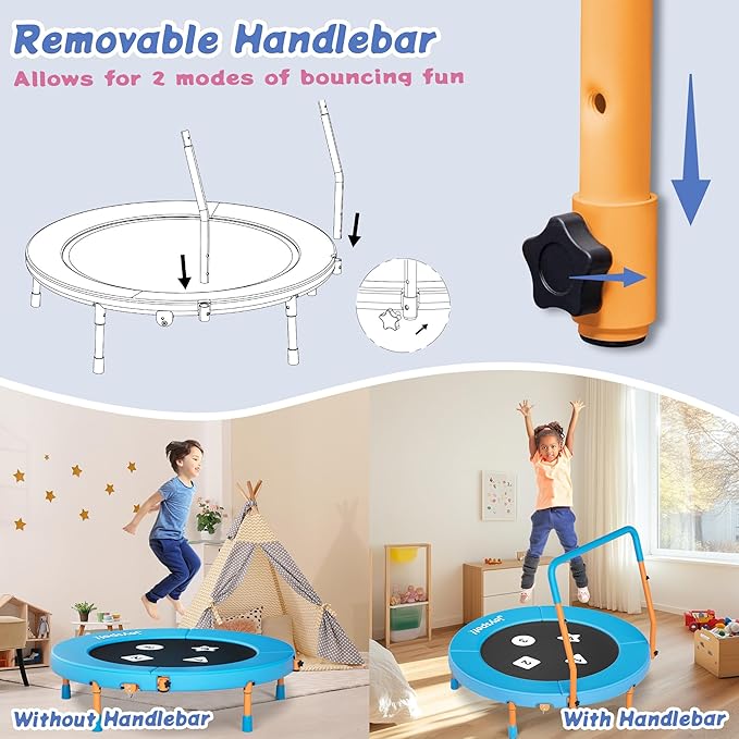 3FT Toddler Trampoline with Adjustable Handlebar, 36" Foldable & Spring-Free, Mini Kids Indoor Outdoor Trampoline for Ages 1-6, Noiseless Jumping Mat, Safe & Sturdy Design, Supports Up to 100 lbs