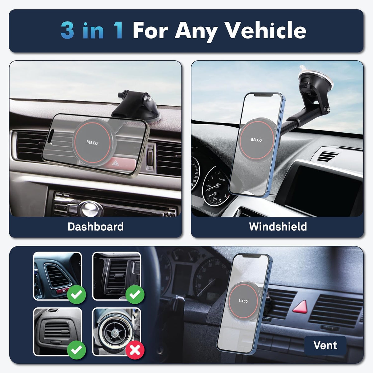 BELCO Magnetic Phone Holder for Car Suction Cup Phone Mount with Adjustable Rotating Arm and Lock Mechanism