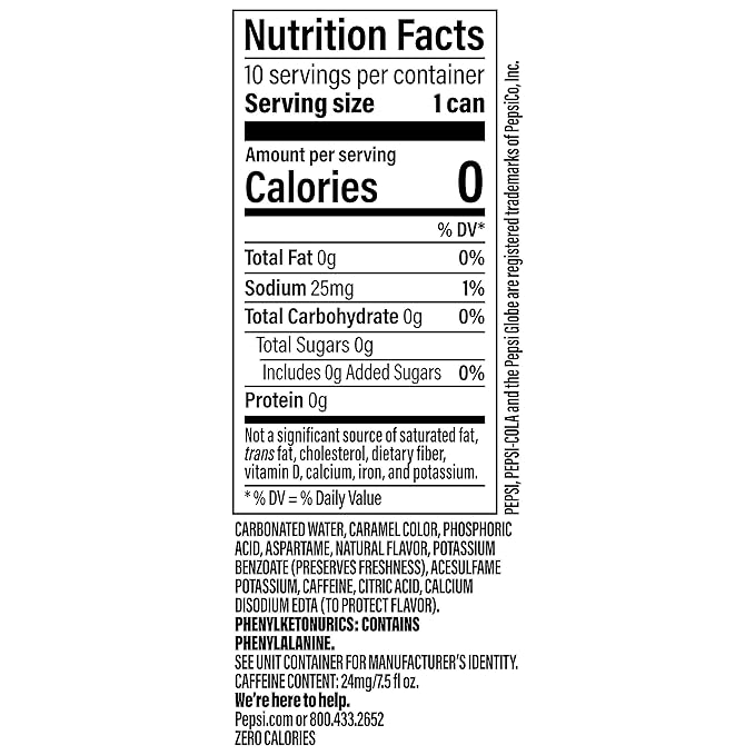 Pepsi Zero Sugar Cola Soda Pop, 7.5 Ounce Mini Cans, (10 Pack) (Packaging May Vary)