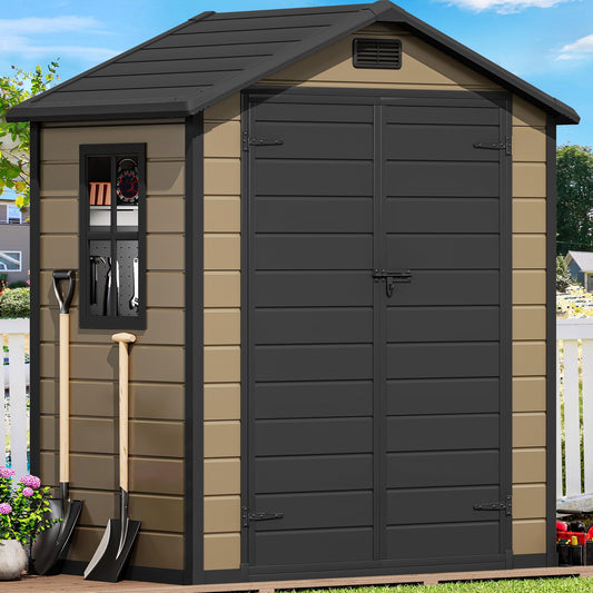 DWVO 6x4 FT Resin Storage Shed with Floor, Outdoor Storage Shed with Lockable Door, Window and Vents, Waterproof Plastic Tool Storage for Garden, Patio, Backyard, Lawn