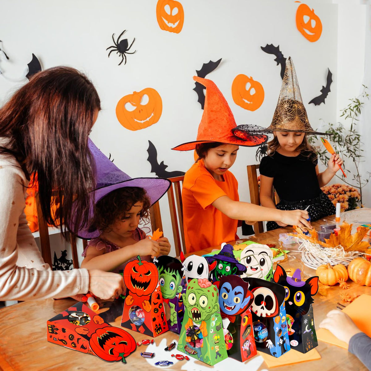 Giiffu 54-Pack Halloween Treat Boxes with Clear Window - 9 Designs Trick or Treat Candy Bags for Kids Party Favors Supplies, Classroom Exchange (6 x 4 x 2 Inches)