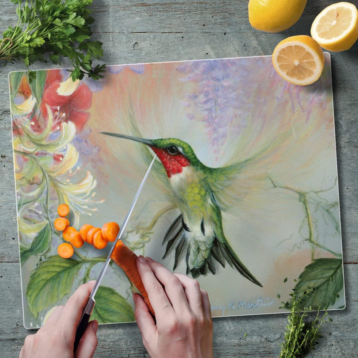 Ruby Hummingbird Natures Gift of Feathers Tempered Glass Large Cutting Board by Highland Graphics
