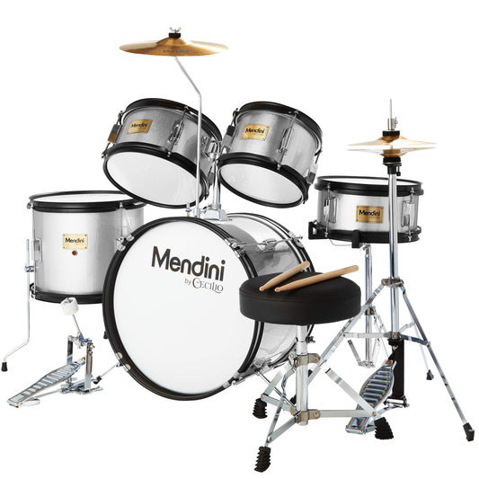 Mendini by Cecilio Drum Set, 5 Piece 16 Inch Junior Drums Kit with Bass, Toms, Snare Drum, Cymbal, Hi-Hat, Drumsticks & Seat for Beginner (Metallic Silver)