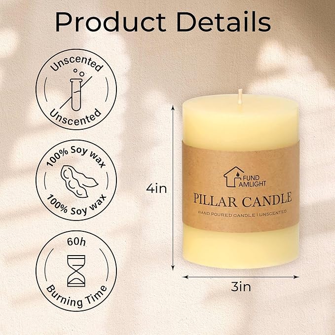 3x4 Inch Ivory Pillar Candles Set of 3 - Decorative Unscented Pillar Candles, Long Burning Dripless Candles for Table Decor, Smokeless Large Pillar Candles for Wedding, Dinner, Rustic Home Decor