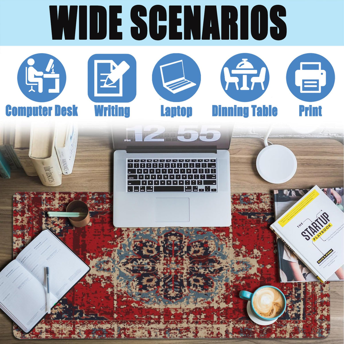 Desk Mat,Boho Carpet Style Large Gaming Mouse Pad for Desk XXL,Bohemian Rug Desk Pad,Extended Big Computer Keyboard Mouse Pad with Non-Slip Base and Stitched Edges 35.4"x15.7"