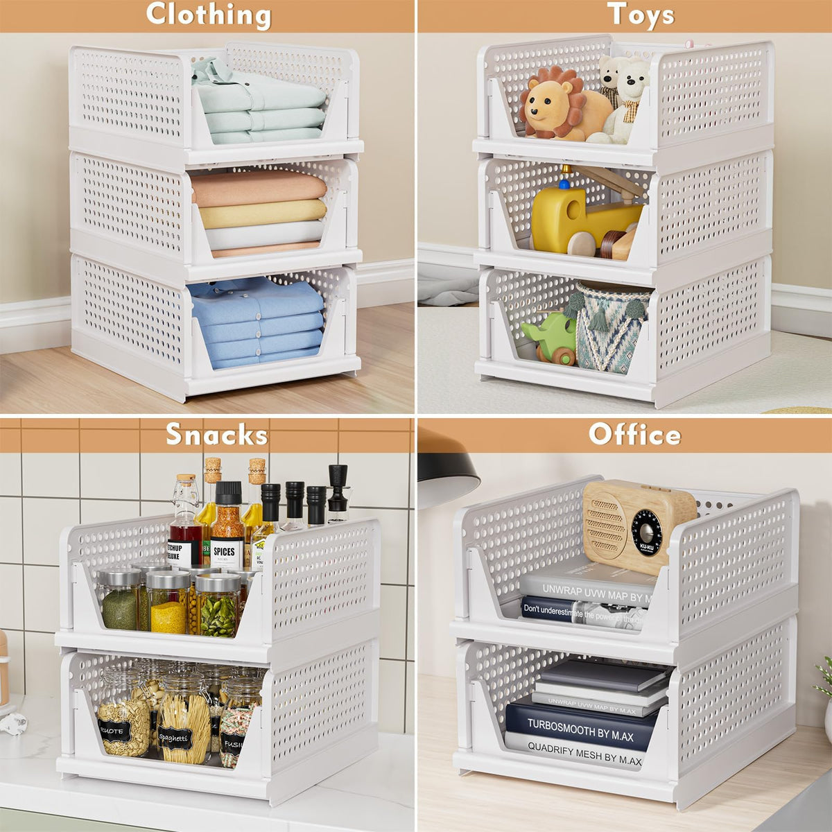 5 Pack Stackable Closet Storage Basket - Stackable Storage Bins, Multifunctional & Foldable Closet Organizer Waterproof, Wardrobe Cupboard Space-Saving Hat Storage Drawer Organizer, White