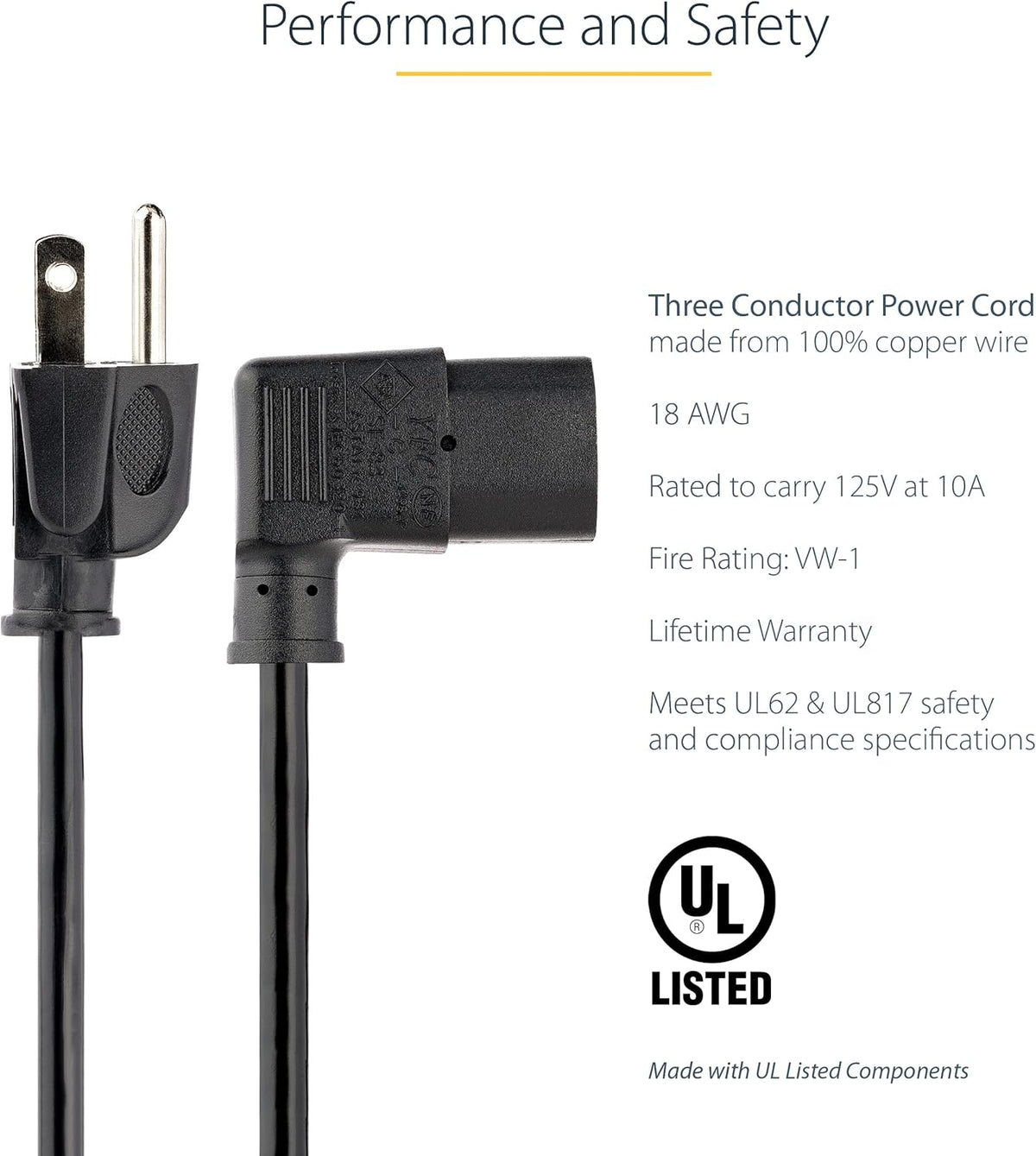 StarTech.com 10ft (3m) 18AWG, 5-15P C13, 10A 125V, (PXT101L10) Computer Power Cord, NEMA to Right Angle Replacement AC