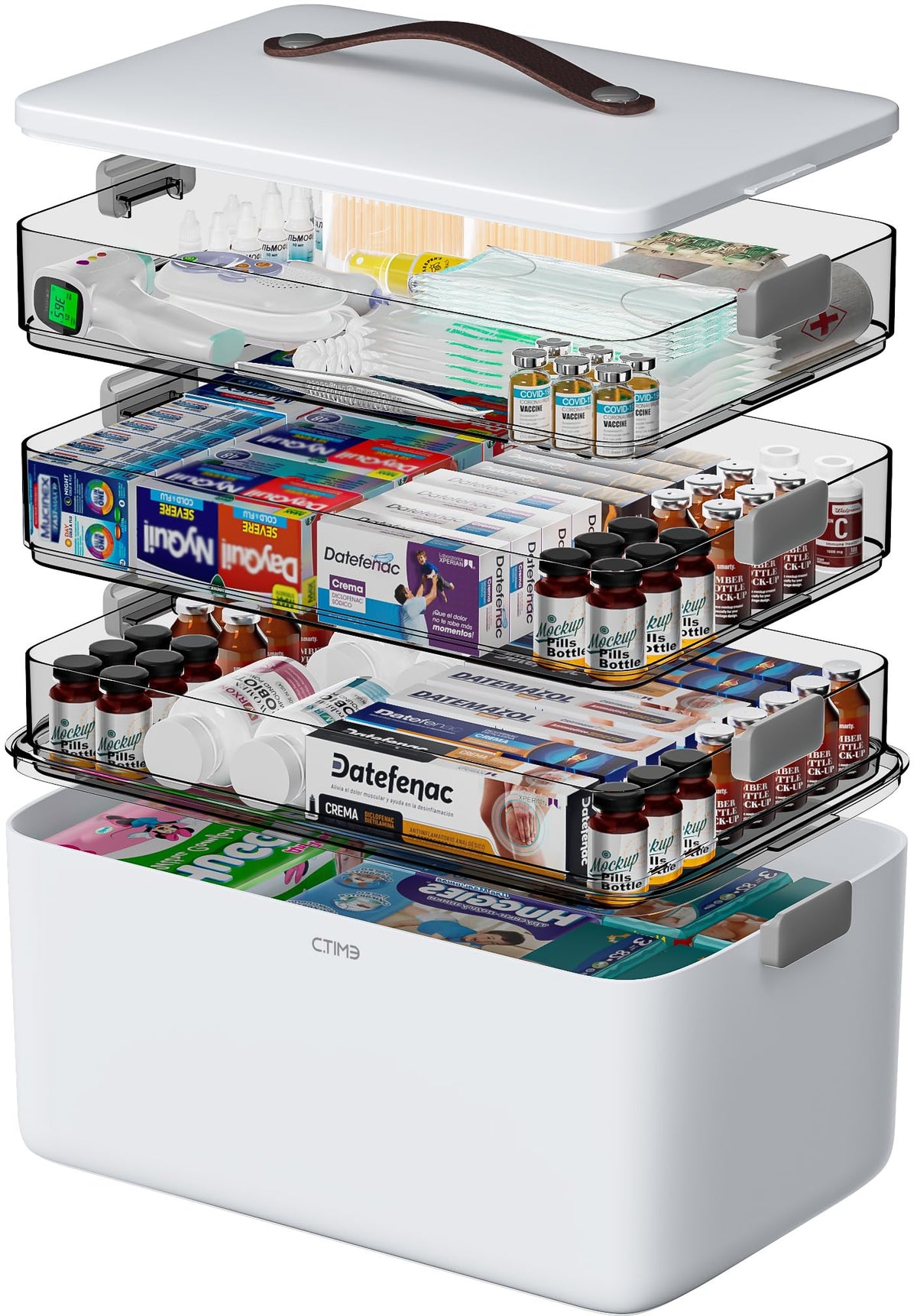 CTIME 4-Tier XL Medicine Organizer - Portable Medicine Cabinet with Leather Handle, Empty First Aid Kit for Home Organization Must, School, Dormitory, Travel, RV, Dorm, Ideal Elderly Gift