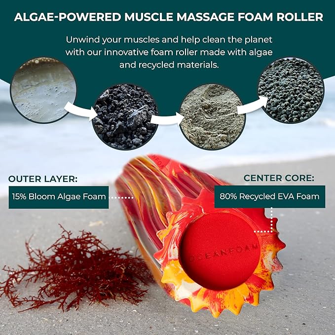 Oceanfoam Ripple Travel Foam Roller (11" x 3.35") Firm Mini Foam Roller for Physical Therapy, Deep Tissue Massage, Back Pain - High Density, Wave Textured, Yoga, Exercise (Red, Gold & Natural Marbled)