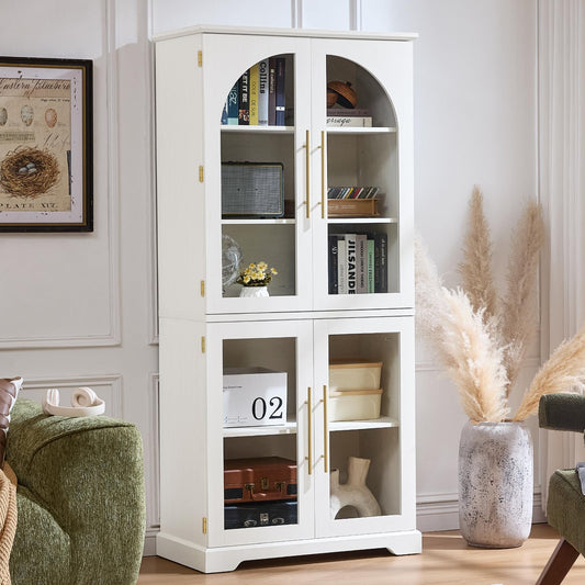 Joaxswe 72" Tall Bookshelf with 4 Curved Glass Doors, Farmhouse Bookcase with 3-Tier Adjustable Shelves, Modern Living Room Display Cabinet, Large Storage Cabinet for Home Office,Dining Room, White