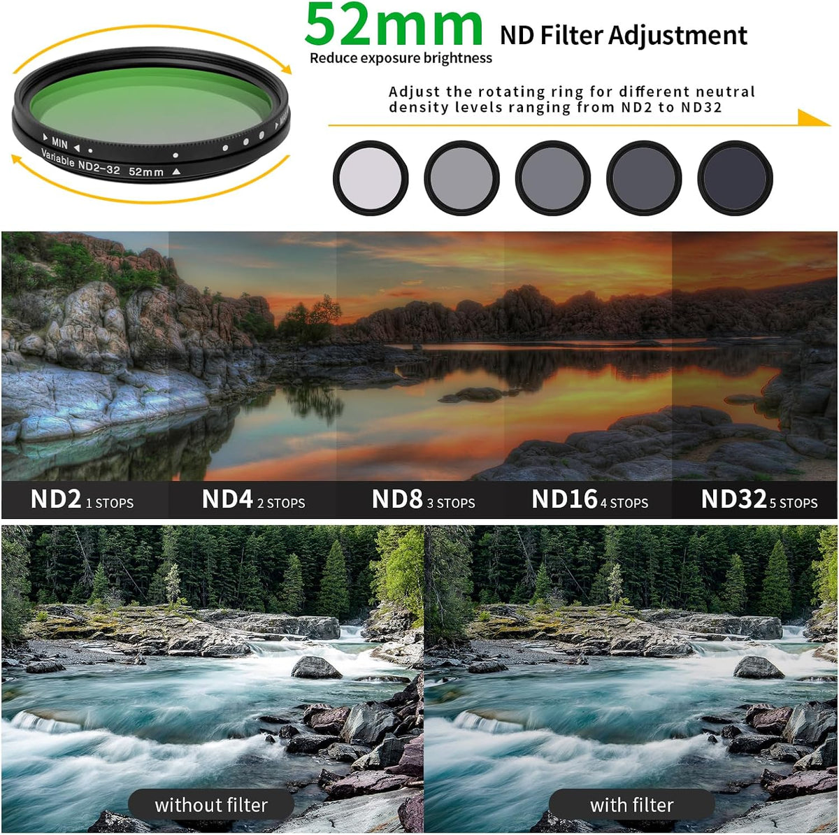 Beysfilter 52MM ND2-32 16/15/14/13 Variable Filter for Phone, Multi-Coating Clip-On Variable Neutral Density Lens Kit