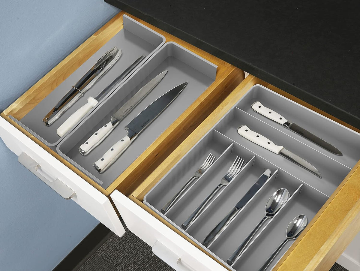 Simple Houseware Flatware Organizer - Adjustable Gray Cutlery Tray with 9 Compartments for Utensils