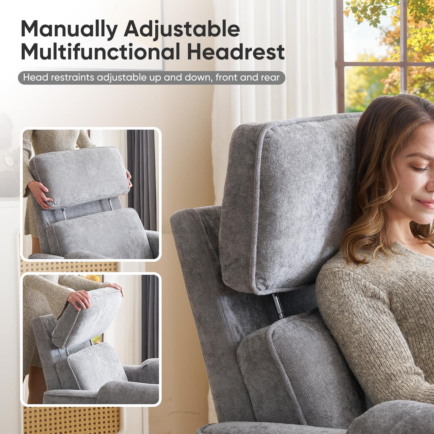 Rhevoy 24" Extra Wide Swivel Rocker Recliner Chair with Adjustable Headrest, Oversized Power Rocker Recliner with Overstuffed Armrest, Chenille Rocking Chair Nursery with USB Ports, Grey