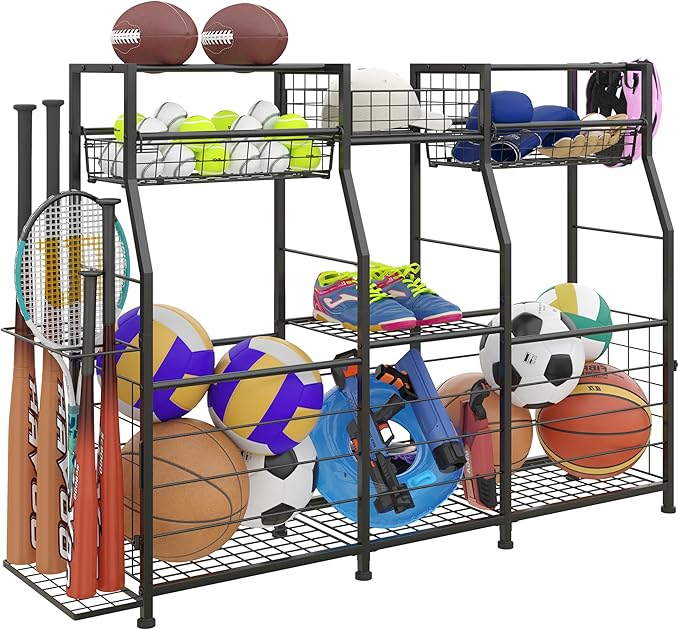 Garage Sports Equipment Organizer - Ball Storage Rack with Elastic Rope or Wire Mesh,Garage Organizer System with Wheels,Indoor/Outdoor Sports Rack for Sports Gear and Toys Storage,Black