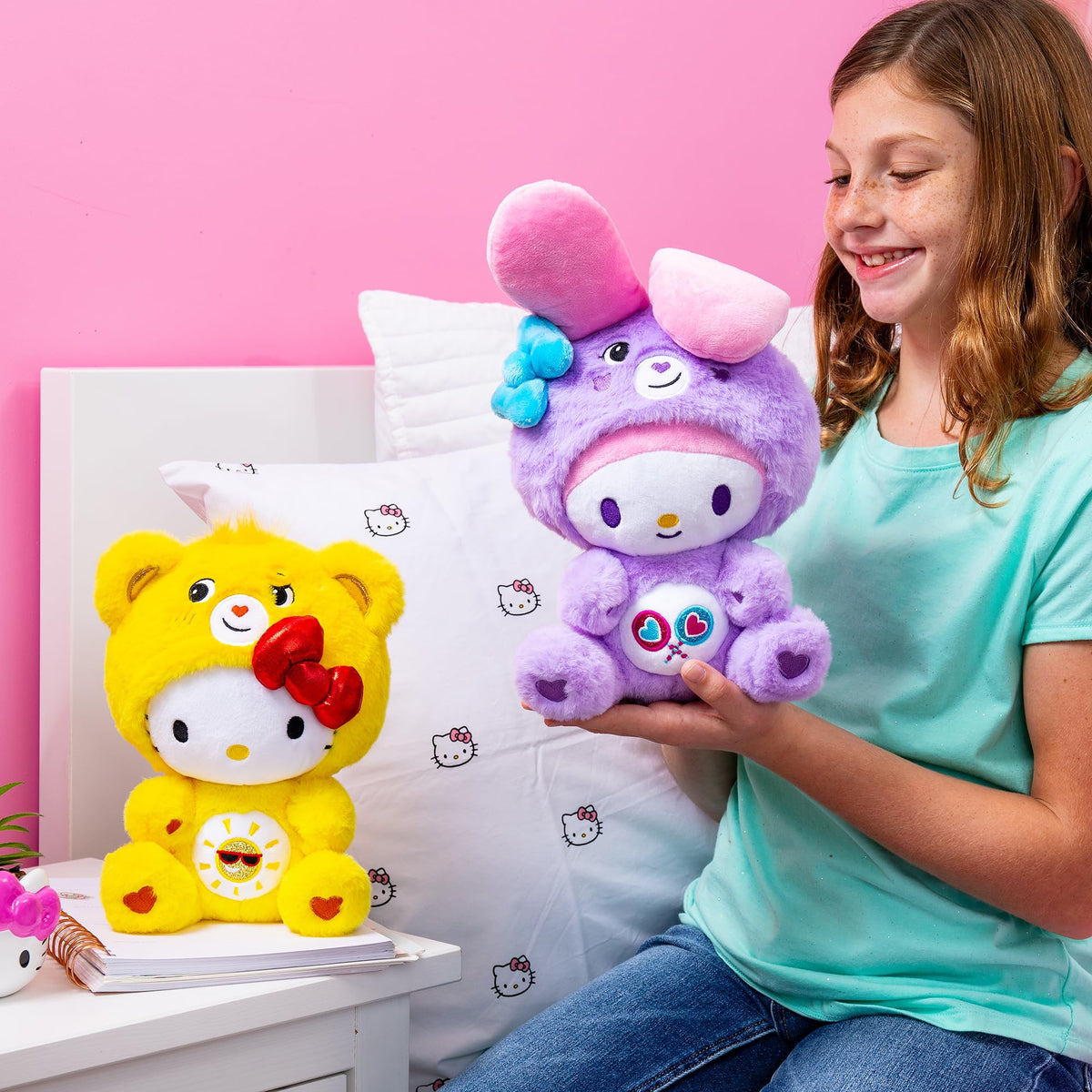 Care Bears x Hello Kitty Plush 2 Pack - Hello Kitty as Funshine Bear & My Melody as Share Bear