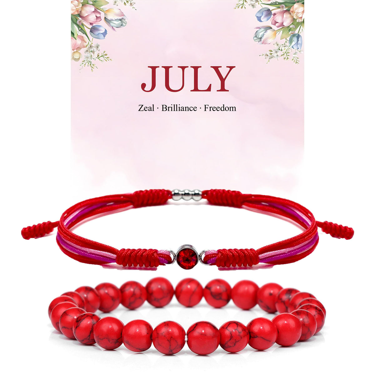 Crgwxzl July Birthstone Bracelets for Women Men,Healing Crystal Protection Stone Red Turquoise Beads Bracelet,String Wrap Zodiac Month Bracelets Birthday Jewelry Gifts