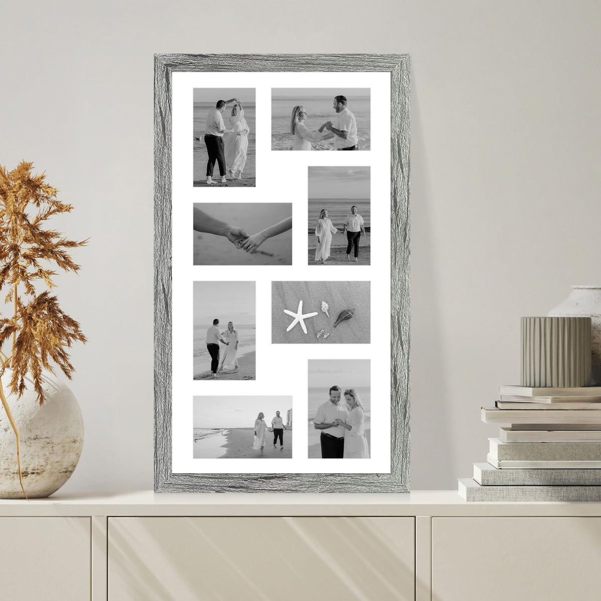 Hongkee 12x22 Picture Frame Set of 2, Grey with Glass Collage Frame, Display Eight Opening 4x6 Photos With Mat or 12 x 22 Newspaper Without Mat - Horizontal or Vertical Wall Mounting