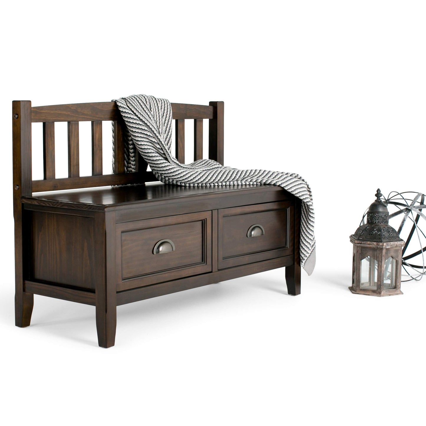 SIMPLIHOME Burlington Entryway Storage Bench - 42 inch Wide Solid Wood Storage Seat with Drawers in Mahogany Brown, Transitional Bench for Entryway or Living Room with Bronze Handles and Tapered Legs