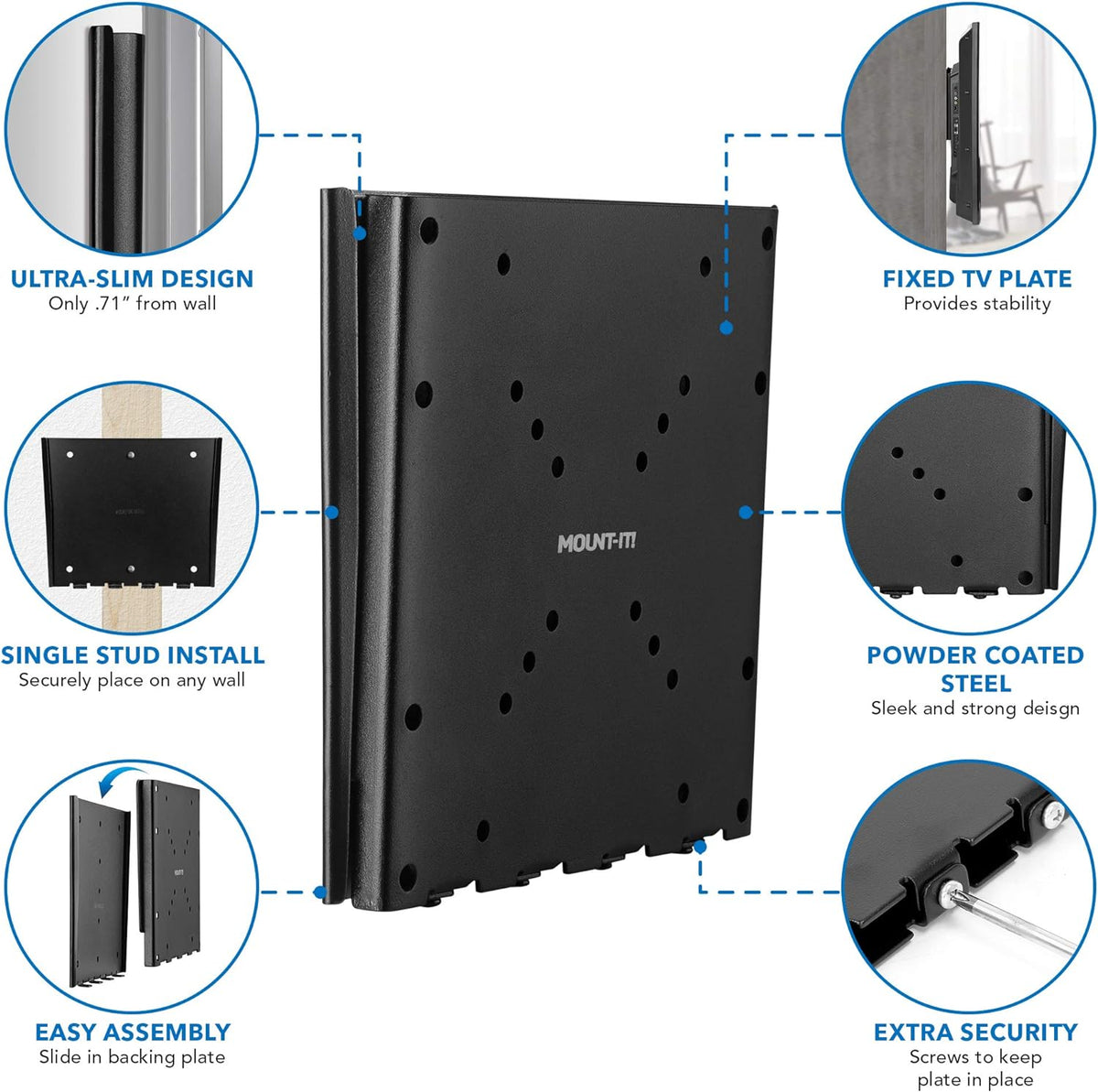 Mount-It! 2342 Inch 200x200 66 lb 0.7 Inch Low Profile Fixed TV Wall Mount Ultra Slim Flush Design for Screens Fits