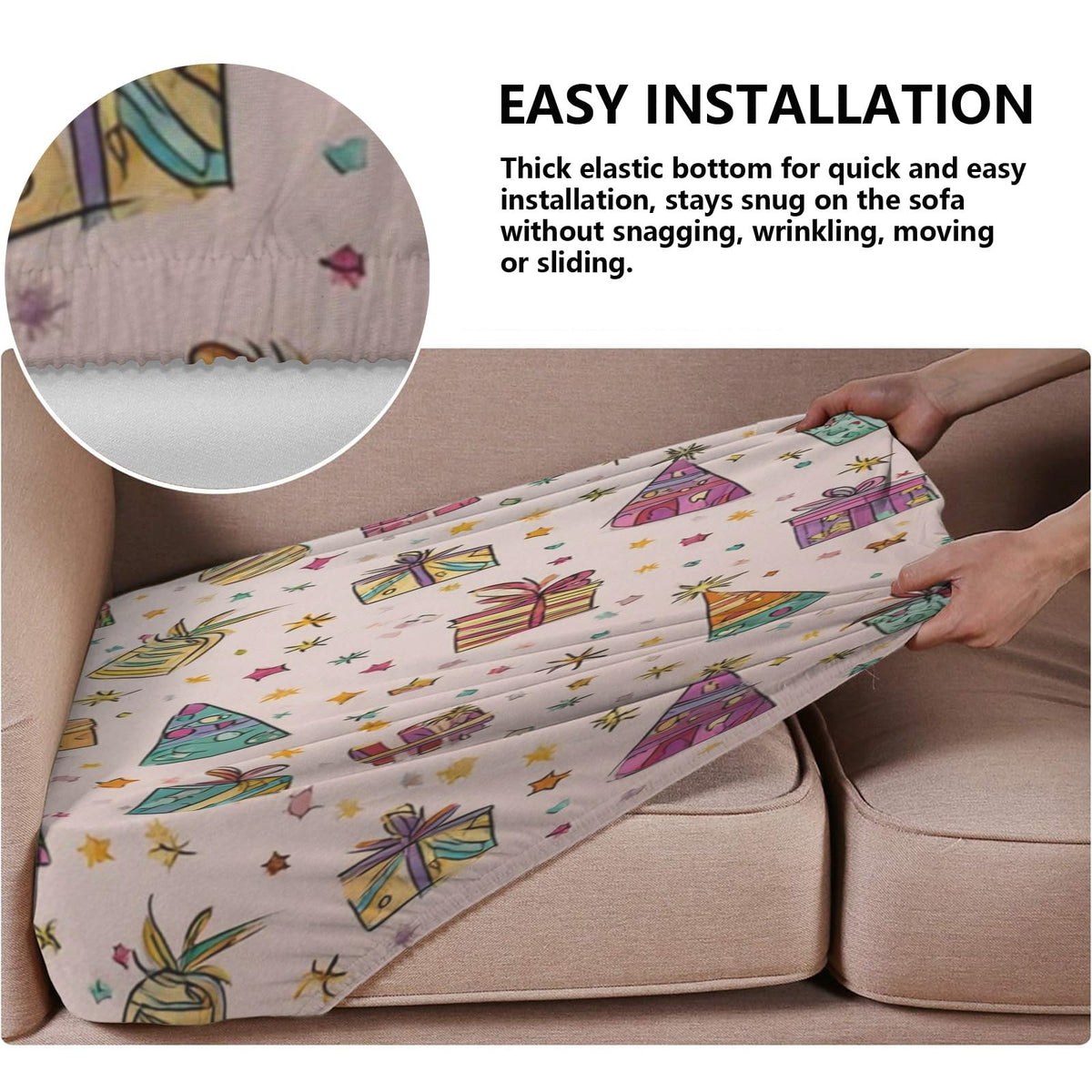 pnyoin Colorfule Gift Box Stretch Individual Seat Sofa Cushion Covers Elastic Couch Cushion Cover Slipcover Sets -3 Piece Sofa Cushion Covers