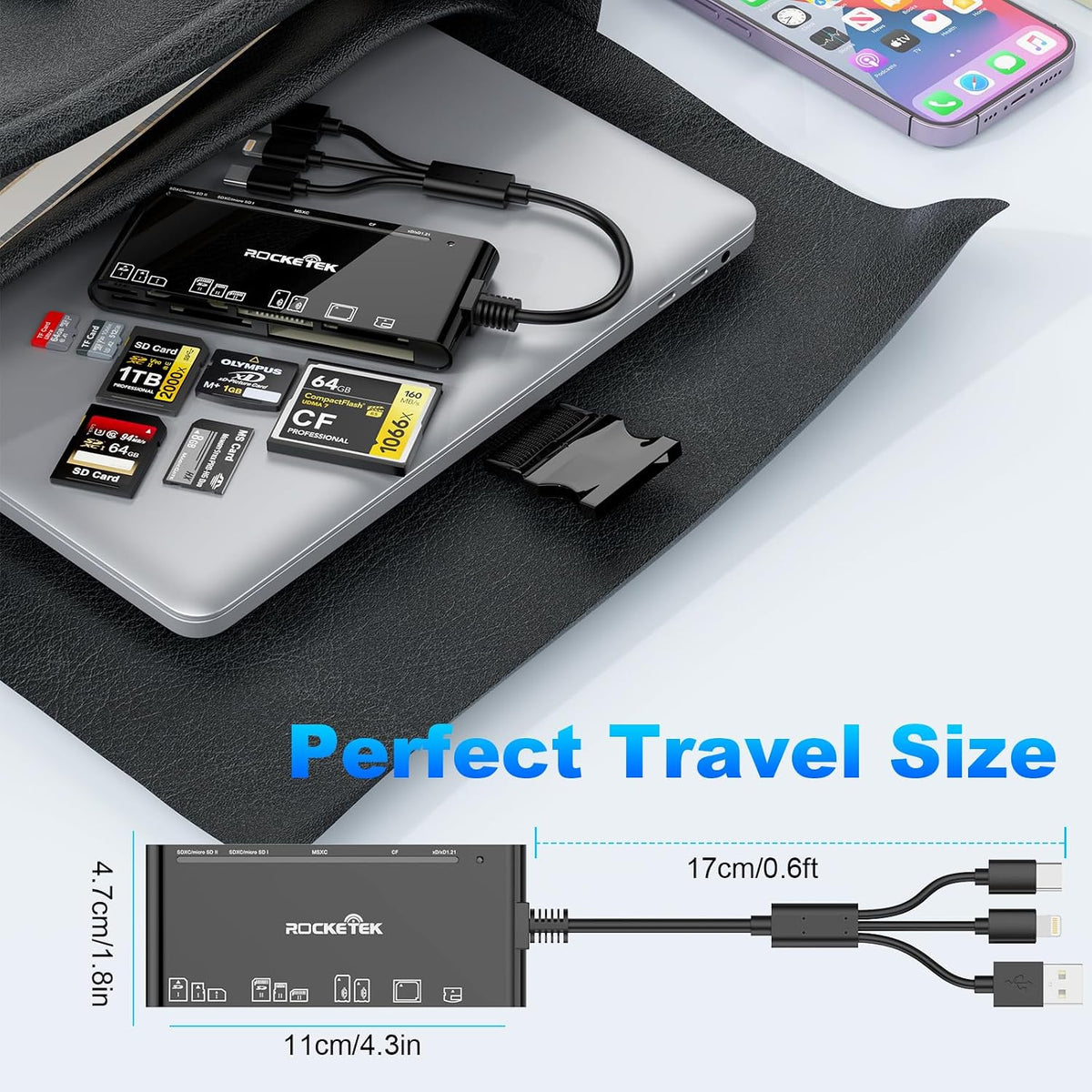 MTAKYA 7-in-3 USB3.0 5Gbps Multi Memory Card Reader, USB C Lighting Multi Card Reader for SD TF CF XD MS,SD Card Reader