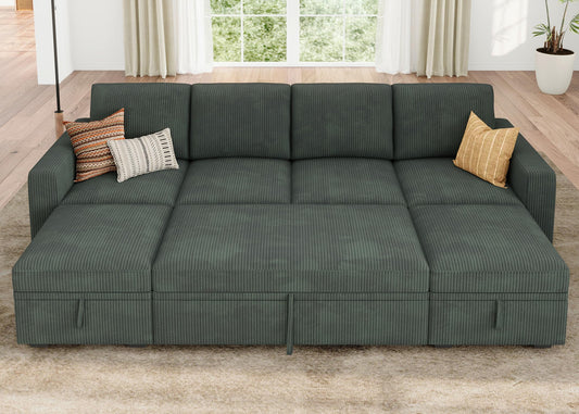 HONBAY Modular Sectional Sleeper Sofa Bed, Corduroy Pull Out Couch with Storage Ottoman, U Shaped Sectional Couches for Living Room, Green
