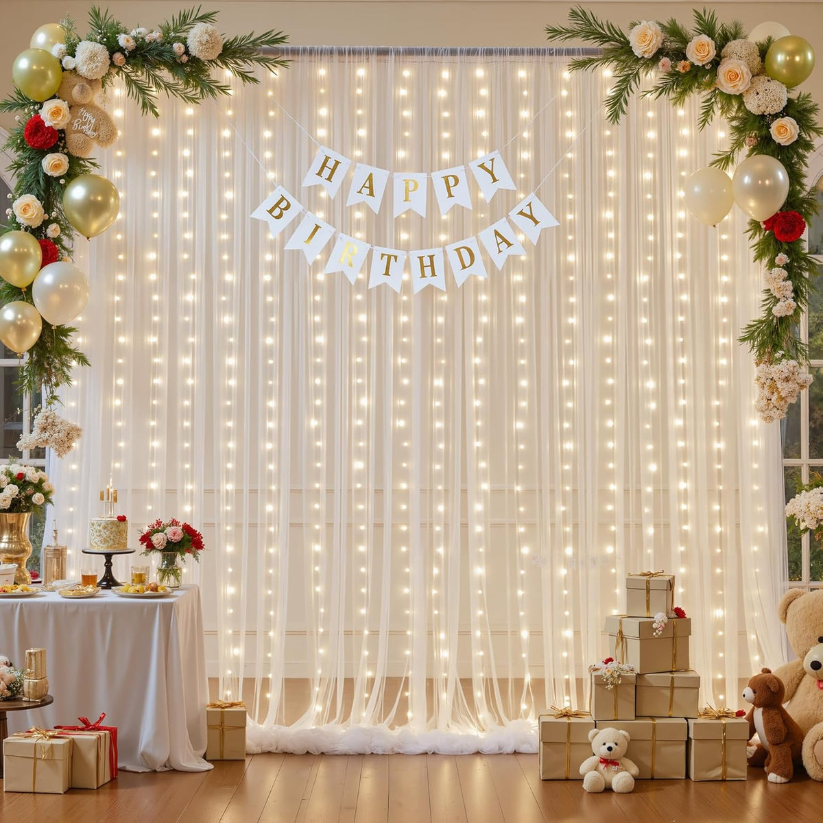 Suppromo 108ft Ivory Sheer Backdrop Curtains with Lights String for Parites Wedding Tulle Backdrop Curtains for Baby