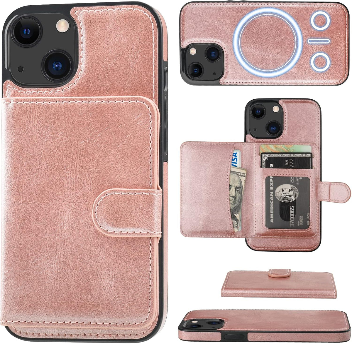 Bocasal 13 6.1 Inch Wallet Case for iPhone Compatible with MagSafe Magnetic RFID Blocking Detachable Premium PU Leather