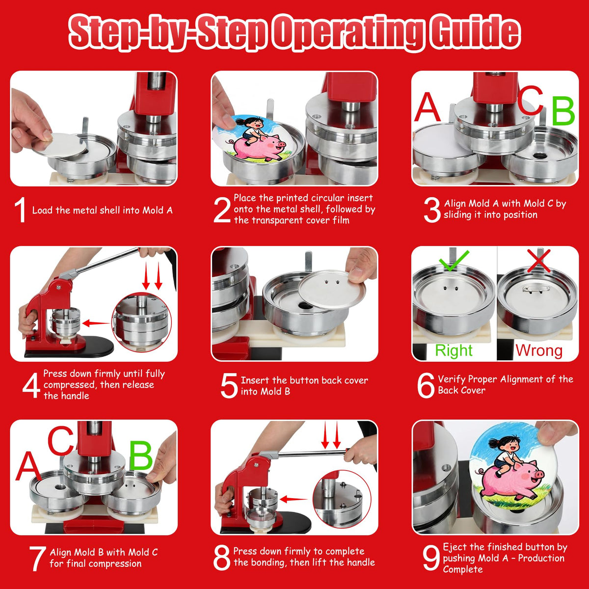 Multiple Sizes Button Maker Machine, Interchangeable Badge Press 1.25 Inch + 2.25 Inch + 3 Inch, DIY Pin Button Making Machine with 300 Sets Supplies, Circle Cutter and Cutting Mat Included
