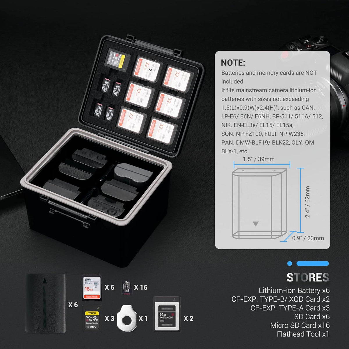 JJC LP-E6 EN-EL15C NP-W235 FZ100 16 6 3 2 Camera Battery and Memory Card Case with Labels,DSLR SLR Battery Organizer