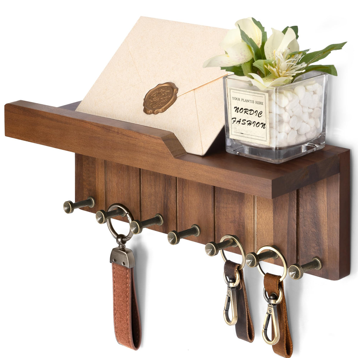 Rebee Vision Farmhouse Key Holder Wall Mount - Decorative Mail Organizer with 7 Key Hooks and Wall Shelf - Rustic Home Decor for Apartment Essentials (Acacia Wood)